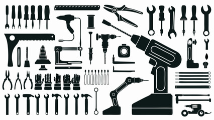 Illustration showcasing an assortment of tools including wrenches screwdrivers drills and robotic arms in black silhouette