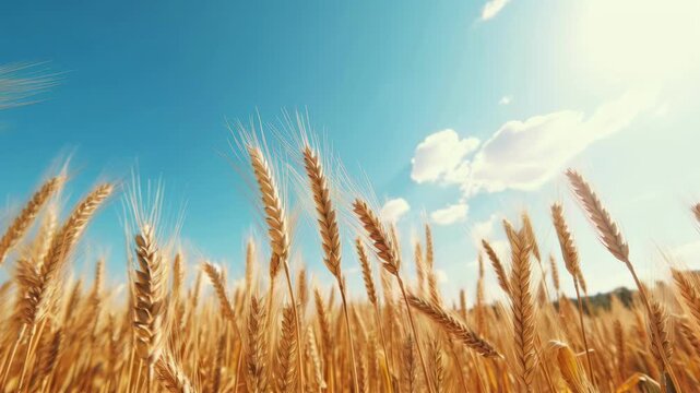 Low-angle video shot of golden wheat fields under a bright blue sky with fluffy clouds, capturing the essence of a sunny, serene countryside. Live desktop wallpaper.