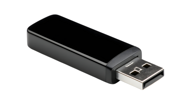 Sleek black USB flash drive for data storage and transfer on transparent background