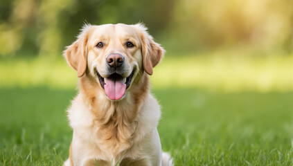 Golden retriever dog sitting on green grass in park, happy expression, sunlight in background, outdoor scene, friendly pet, summer day, natural environment