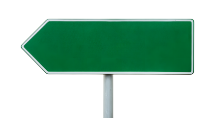 Green direction sign, arrow pointing left, wayfinding and navigation on transparent background