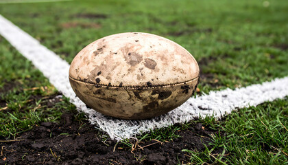 A heavily used and muddy rugby ball resting on the white try line of a grassy sports field.