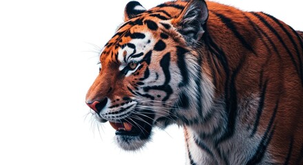 Fototapeta premium Majestic profile of a bengal tiger with intense focus against a crisp white backdrop
