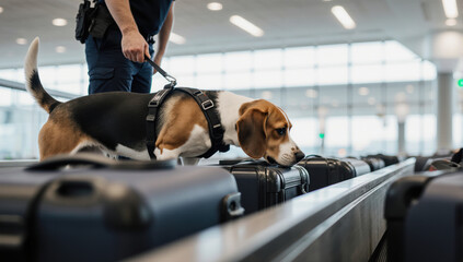 Beagle police dog sniffing luggage at airport security checkpoint, focused and alert, searching for illegal substances, law enforcement officer holding leash, bright modern terminal