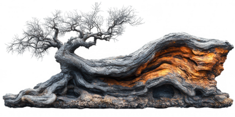 Ancient gnarled olive tree with exposed roots and textured bark growing on a rocky outcrop with vibrant orange and brown geological strata isolated on transparent background
