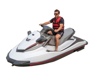 Adventurous man enjoying summer fun on a modern jet ski, wearing sunglasses and a life vest perfect for active lifestyle and watersport promotions