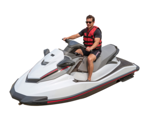 Adventurous man enjoying summer fun on a modern jet ski, wearing sunglasses and a life vest perfect for active lifestyle and watersport promotions