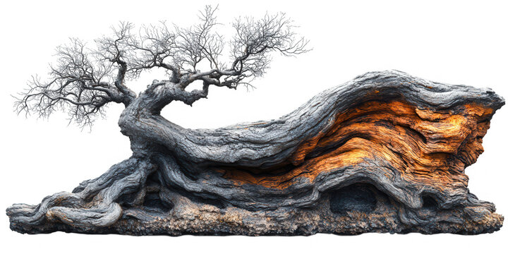 Ancient gnarled olive tree with exposed roots and textured bark growing on a rocky outcrop with vibrant orange and brown geological strata isolated on transparent background