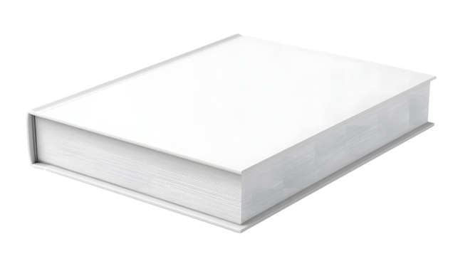 White hardcover book for writing, reading, and publishing projects on transparent background