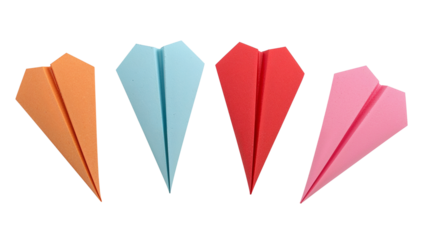 Colorful paper airplanes ready for flight inspiring creativity and dreams with orange, blue, red and pink designs symbolizing ambition