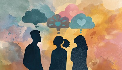 Teenagers talking, relationship issues, colorful background, mental health counseling illustration