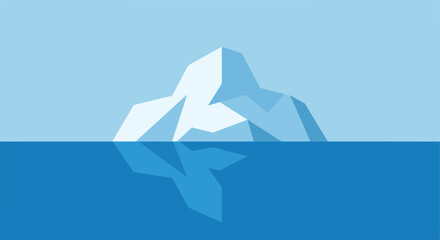 Flat iceberg with reflection against a light blue sky, dark water