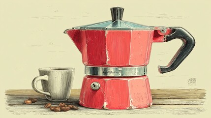 Red Moka Pot and Coffee Beans: Vintage Style Kitchen Still Life Illustration