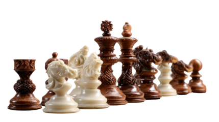 Chess Pieces in formation: The detailed craftsmanship of the chess pieces is captured in perfect lighting, the king and queen pieces in prominence, inviting the viewer to a game of strategy and wit. 