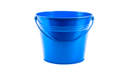 Bright blue bucket, metal container for cleaning, gardening on transparent background