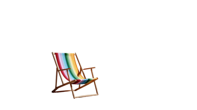 Serene Beach Chair: A lone beach chair stands ready, inviting relaxation and leisure with its colorful striped design, evoking the essence of a perfect summer day, symbolising freedom and peace.