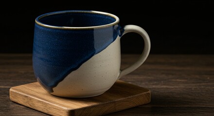 Ceramic Mug with Two Tones Resting on a Wooden Coaster