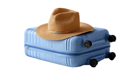 Ready for Adventure: A sleek blue suitcase, adorned with a stylish hat, stands ready for the journey, embodying the essence of travel, freedom, and exploration.