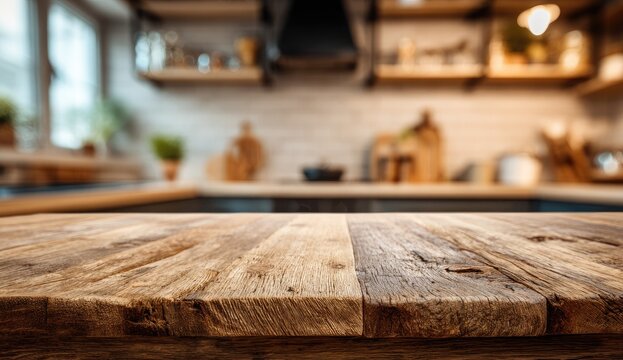 Rustic wooden kitchen counter, blurred background, home cooking, product display