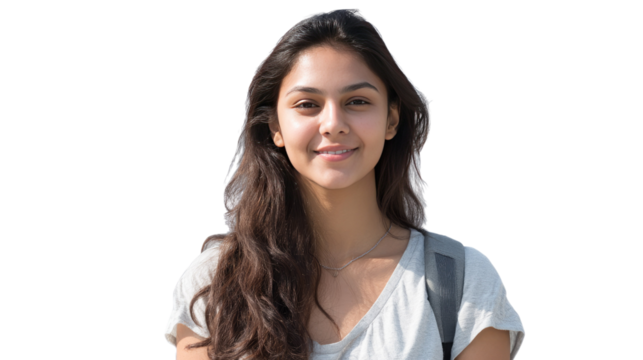 Smiling young woman: A radiant young woman radiates genuine happiness. with long flowing hair and a gentle smile, conveying a sense of approachability and serene confidence.