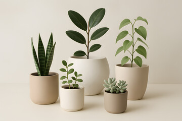 Collection of Potted Plants in Neutral Toned Pots Arranged for Minimalist Interior Decor