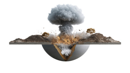 Cataclysmic Force: A visual exploration of a massive explosion and the ensuing destruction with earth materials around the explosive impact zone, rendered in hyperrealism.