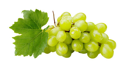 Green grapes bunch with leaf, fresh fruit, healthy eating concept on transparent background