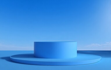 Blue cylindrical podium against a clear blue sky