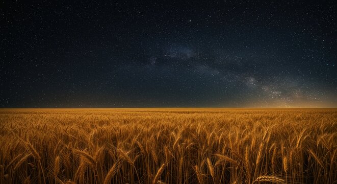 Wheat field under a celestial tapestry of stars at night offering nature's serenity