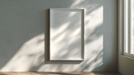 Empty white framed art piece on light beige wall, sunlit shadows