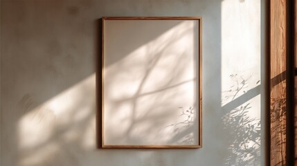 Empty frame on beige wall, sunlit shadows
