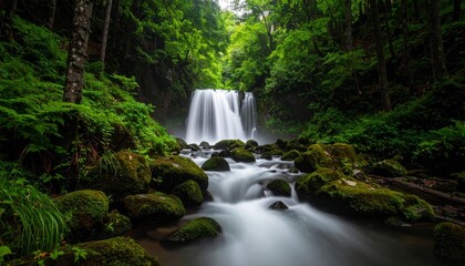 Obraz premium A majestic waterfall cascades down mossy green rocks in lush, dense tropical rainforest, creating serene and powerful natural scene with mist rising from the pool below.