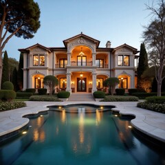 Luxurious Mediterranean Mansion with Inviting Swimming Pool and Lush Gardens at Dusk