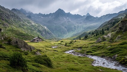 Obraz premium Mountain valley with small cabin