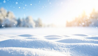 A detailed closeup shot of the fresh white snow covering the ground, showcasing its intricate crystalline texture and frosty surface on cold winter day.