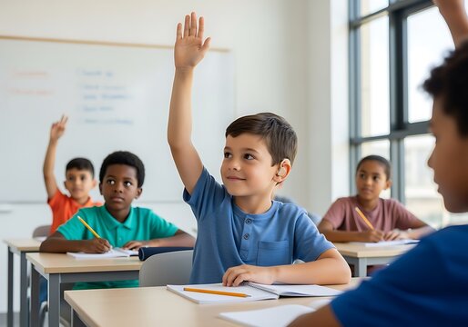 Diverse Elementary School Students Raising Hands in Classroom for Question, Focus on Inclusive Education - Powered by Adobe