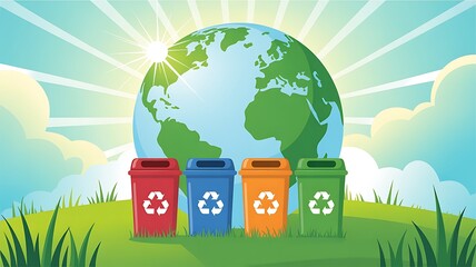 Four colorful recycling bins await waste disposal under a bright, hopeful sun with the Earth in the background