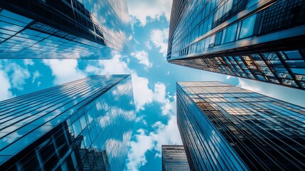 Low angle view of modern skyscrapers against a partly cloudy sky