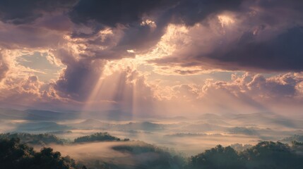 seamless abstract nature scene with sunset light rays cutting through soft clouds over a tranquil landscape, magical and ethereal vibe, photorealistic