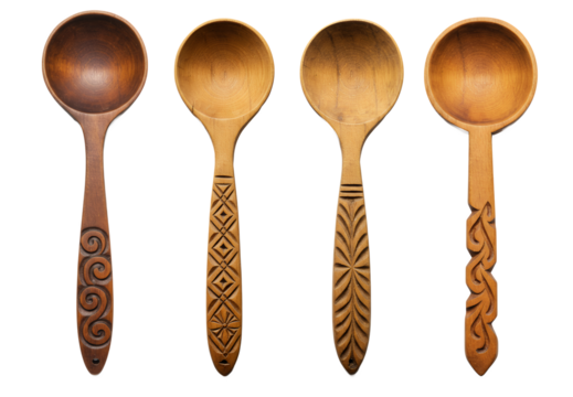 Vintage wooden ladle with carved handle, isolated, product photography style