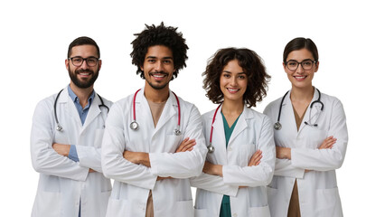 Diverse team of smiling doctors with stethoscopes ready to provide excellent medical care and compassionate service at your healthcare facility
