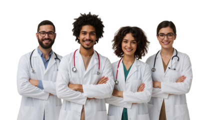 Diverse team of smiling doctors with stethoscopes ready to provide excellent medical care and compassionate service at your healthcare facility