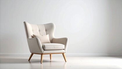 Light grey upholstered armchair with wooden legs in spotlight on white background.