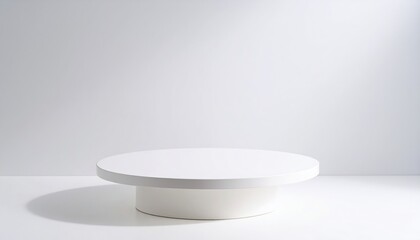 Minimalist white table with a clean, smooth, and glossy surface, perfect for product placement, mockups, presentations on bright, empty background.