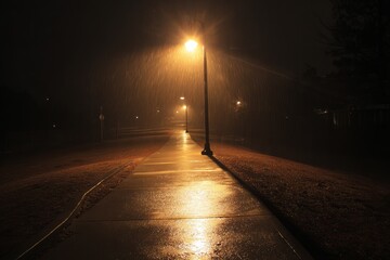 Rain-soaked walkway at night, lit by streetlights