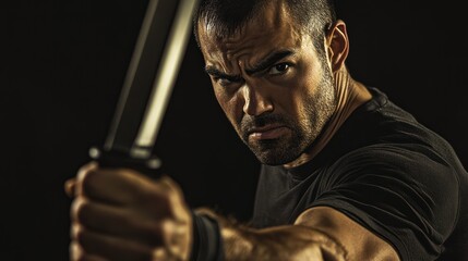 Close-up of a man holding a blade, intense expression, dark background
