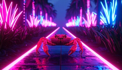 Red crab walking on neon-lit path surrounded by glowing pink foliage.