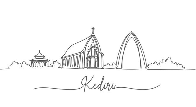 Kediri City Skyline with Indonesia, and Line Art.