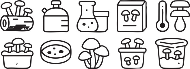 Mushroom Cultivation and Mycology Science Icons Set.
