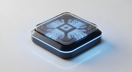Futuristic compact device with illuminated edges and digital interface on top, modern technology gadget for smart home or personal use in sleek design